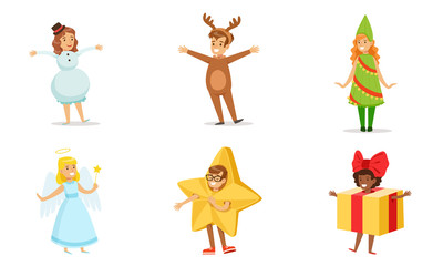 Cute Kids Wearing Christmas Costumes Set, Boys and Girls Snowman, Deer, Fir Tree, Angel, Star, Gift Box Vector Illustration