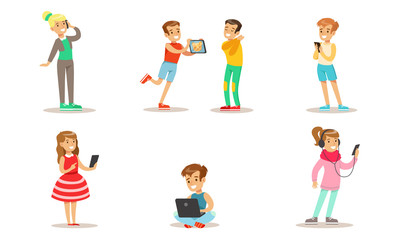 Fototapeta premium Children with Gadgets Set, Boys and Girls Using Smartphones, Pads, Laptop, Listening Music Vector Illustration