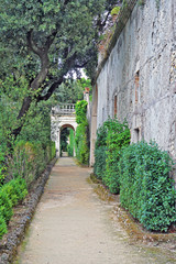 Straight walkway going to remote arch in the distance along a shabby wall of a medieval building in an old park