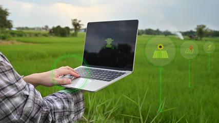 Agriculture technology attractive farmer navigating farmland with laptop computer  innovations for...
