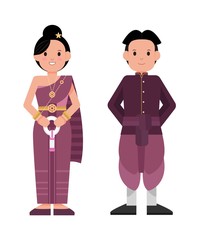Standing man and women in thai vintage purple costume. A woman holding a garland flower which is a welcome flower in thai. Isolated Vector.