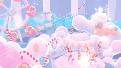 Foto auf Acrylglas Cartoon-Pastell-Vergnügungspark und Süßigkeitenland mit glänzendem Spielstars-Explosionseffekt. Konzept des Winterwunderlandes. 3D-Rendering-Bild. © tykcartoon