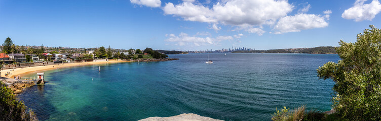 Panoramic view of Watson Bay and Sydney cityscape in Sydney Harbour, Sydney, Australia on 27 September 2019