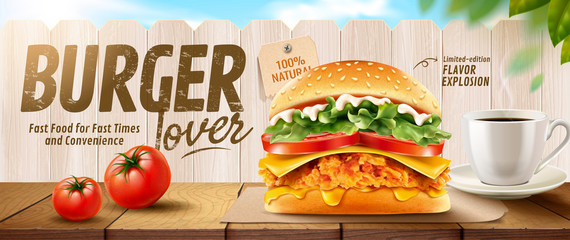 Fried chicken burger banner ads - obrazy, fototapety, plakaty