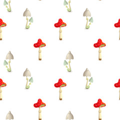 seamless toadstool and fly mushroom pattern on white backdrop. poisonous mushroom background. Fly agaric and toadstool in cartoon style template for prints, wrapping paper, backgrounds.