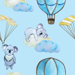 Foto op Plexiglas naadloos patroon. Koala vliegen. de ballon en de paraglider © Ekaterina