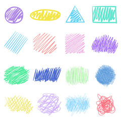 Colored sketchy shapes on white. Scribble colorful backgrounds with array of lines. Intricate chaotic textures. Line art creation