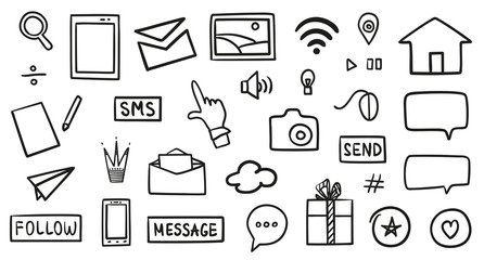 Hand drawn technology elements on isolated white background. Simple things. Set of different symbols. Black and white illustration. Doodles for your design