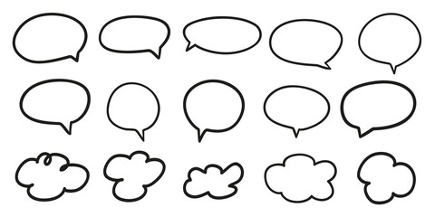 Hand drawn infographic elements on isolation background. Abstract clouds. Set of think and talk speech bubbles. Doodles on white. Black and white illustration