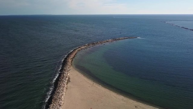 Aerial view of protect sea wall at Point Judith Harbor of Refuge, Rhode Island