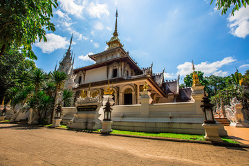 Naklejka premium background,Open view of the temple at Dara Pirom Temple (Mae Rim),which has a large statue in front of the temple. Covered by trees and sky, Chiang Mai Province, Thailand, Wat Pa Daphirom