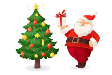 Cartoon vector illustration of Santa Claus with a present. Christmas tree with gold and red decorations