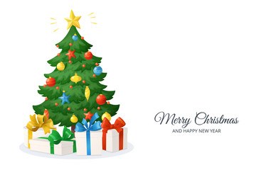 Fototapeta premium Merry Christmas card. Cartoon Christmas tree with presents isolated on white background. Decorations with stars.