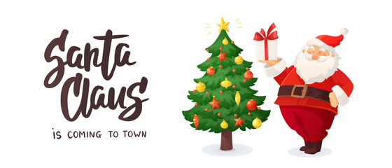 Christmas banner. Cartoon vector illustration of Santa Claus with a present. Decorated Christmas tree