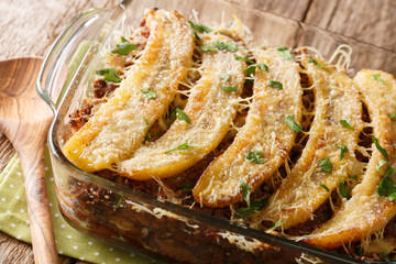 Sweet Plantain Lasagna close-up in a baking dish. horizontal