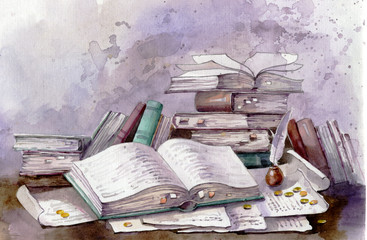Ancient books and scrolls. Old books and folios, watercolor illustration on paper. Old folios and papers. Manuscripts and scrolls. Watercolor in cold colors. - obrazy, fototapety, plakaty