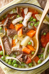 Rich booyah soup with vegetables and several types of meat close-up in a bowl. Vertical top view from above