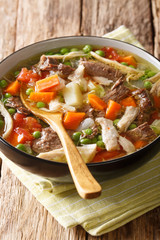 Booyah is a fall stew tradition of the Upper Midwest close-up in a bowl. vertical