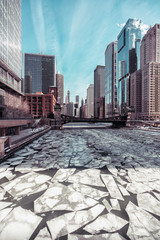 Ice floes on Chicago River, winter scenery, polar vortex