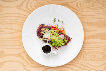 burger with sauce, top view