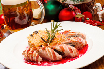 sausages with cabbage on Christmas table