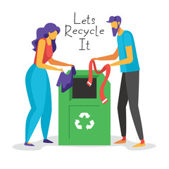 Color vector flat style illustration of Recycling old clothes. Man and woman throwing old clothes away  into a Green trash can with a recycling symbol. Concept for landing page, template, ui, web.