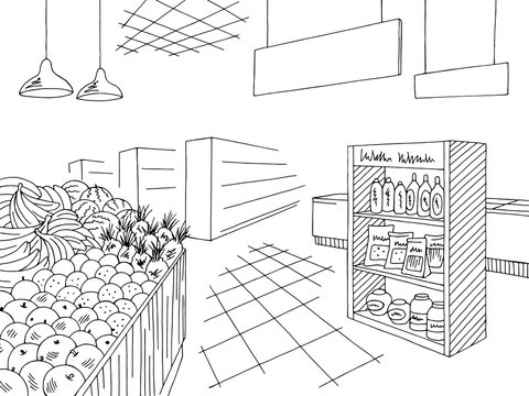 Grocery interior store shop black white graphic sketch illustration vector
