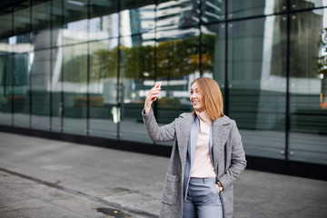 young happy business woman using video call