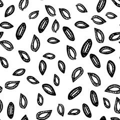 A seamless vector pattern with black leaves on a white background. Surface print design