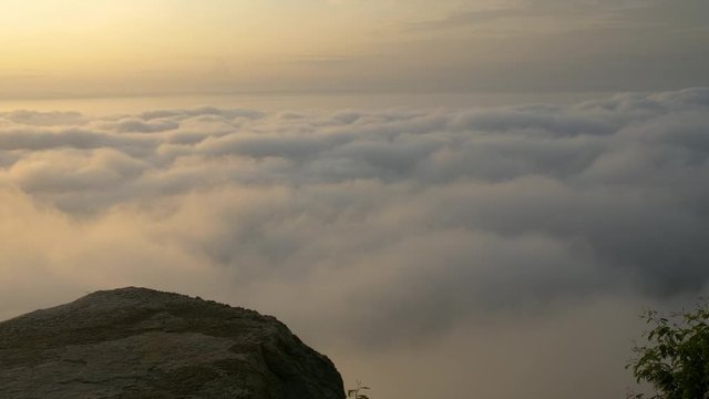 Morning mood and fog on mountain and sun with colorful clouds beatiful. Landscape sea fog and Sunrise Khao Phra Ya Dern Thong View Point. Phatthana Nikhom, Lopburi Thailand