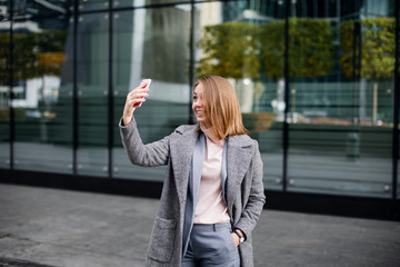 young happy business woman using video call