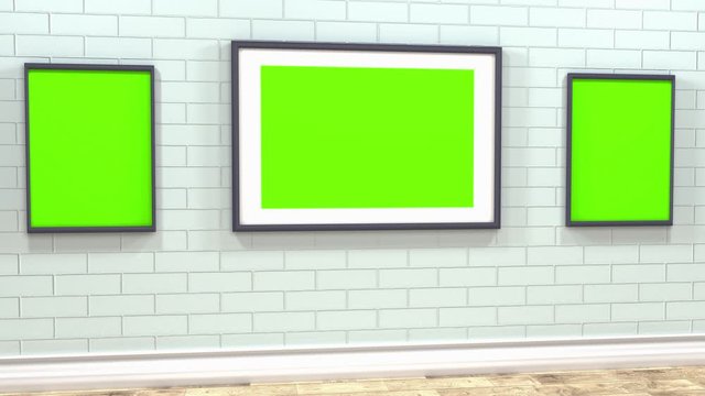Room with paintings or photographs on a decorative brick wall. Animation of the interior of the room.