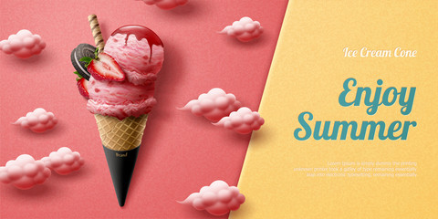 Strawberry ice cream cone ads - obrazy, fototapety, plakaty