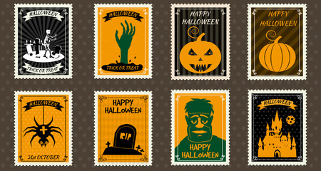 Happy Halloween Set Postage Stamps with back castle, hand, grave, zombie, pumpkin, spider hand