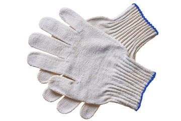 Pair of new clean textile gloves for save hands on hard works or gardening isolated on white background. Top view