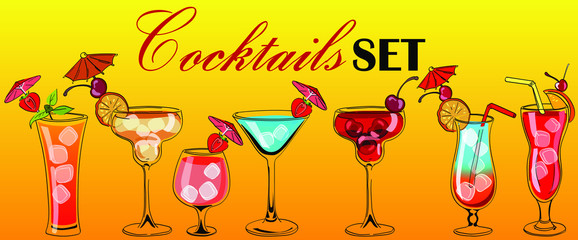 Exotic fresh cocktails set a Orange background. Drunk cherries, margaritas,  blue Lagoon