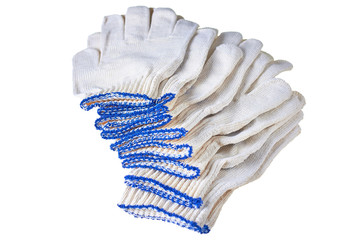 Many strewn new clean textile gloves for save hands on hard works or gardening isolated on white background. Close-up