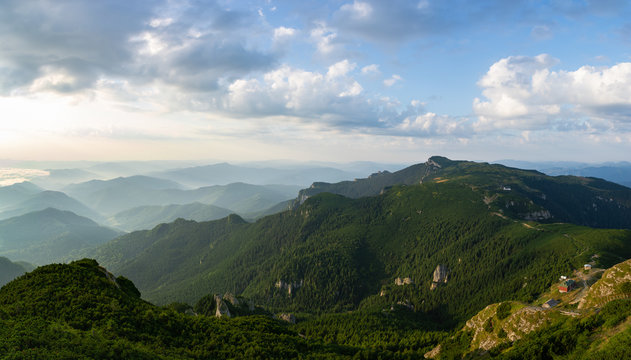 Beautiful panoramic view of Ceahlau Massif from the top of Toaka Peak. Carpathians, Romania