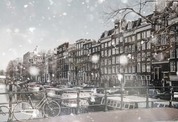 Amsterdam dull view in winter snowfall