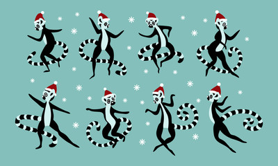 Cristmas set of cute and funny lemurs. Simple drawn madagascar animals in red hats with snowflakes isolated on green background. Vector illustration.