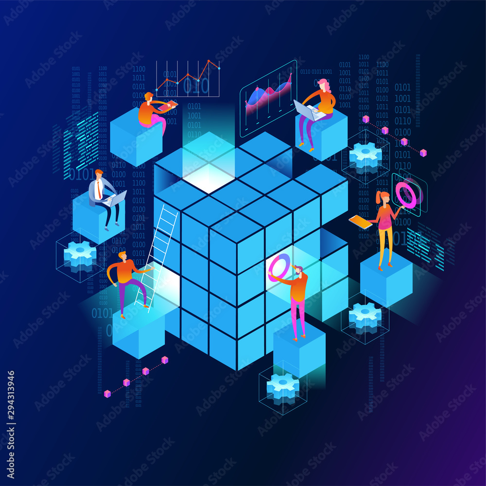 Fototapete people in the team analyze diorrams and graphics. data visualization concept. 3d isometric vector il