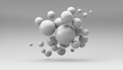 White spheres fly on a white background. 3d render illustration.