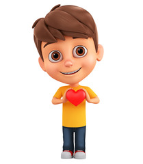 Cartoon character little boy gives a heart on a white background. 3d render illustration.