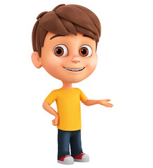 Cartoon character little boy points his hand to an empty place on a white background. 3d render illustration.