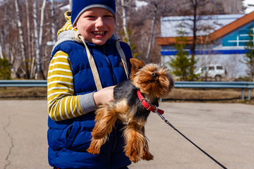 Hilarious boy holds dog in his hands