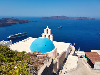 Blue Dome of St Gerasimos church in Santorini Greece