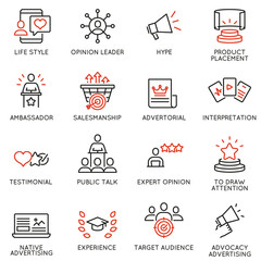 Vector set of linear icons related to business management process, advertising promotion and marketing. Mono line pictograms and infographics design elements - 11
