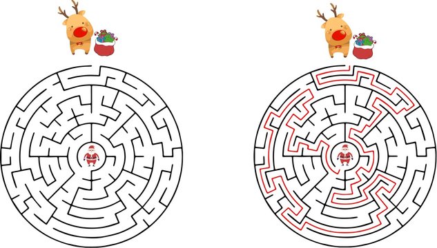Christmas maze game for kids. Cartoon characters. Help deer find Santa Claus. Vector