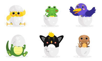 Vector Illustration Set With Adorable New Born Animals In Eggs