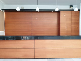 Interior of empty hotel front desk